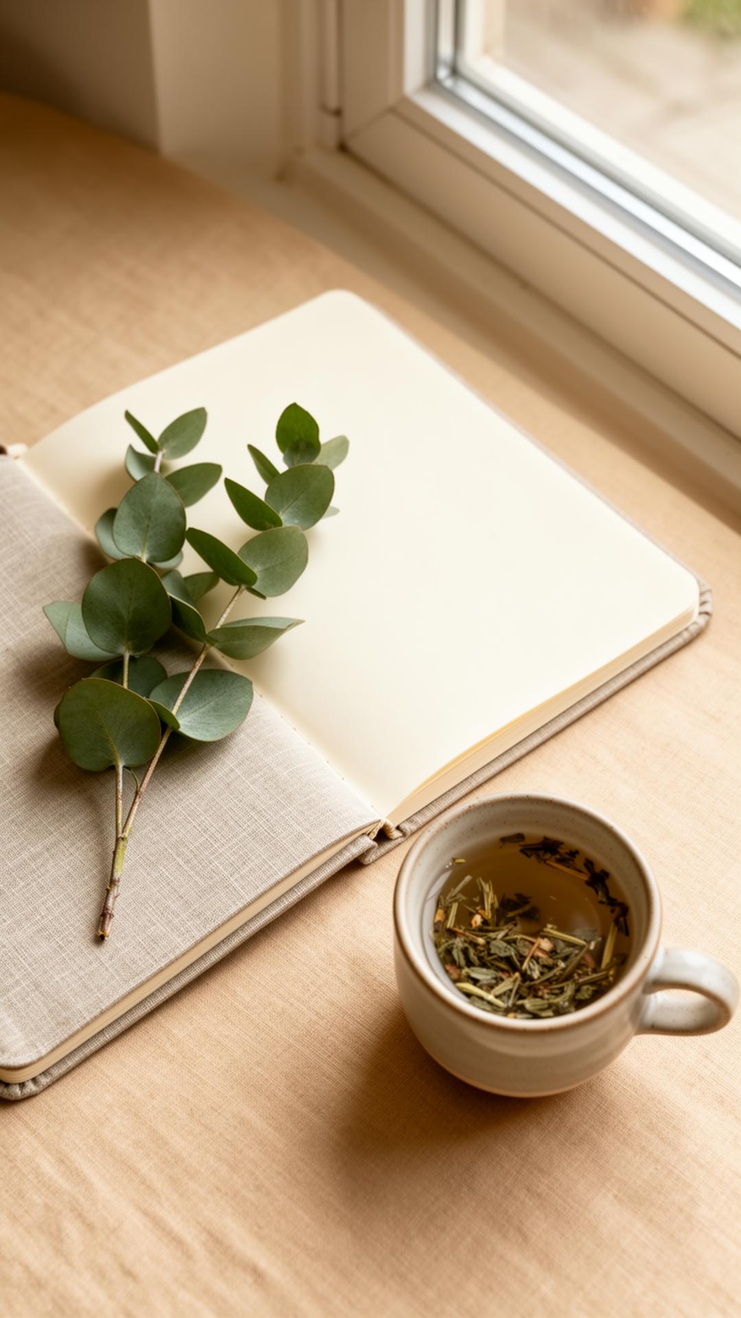 A journal, eucalyptus and herbal tea by a window